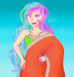 Size: 1390x1446 | Tagged: safe, artist:deeemperor, princess celestia, human, g4, beautiful, clothes, female, gradient background, humanized, sari, solo