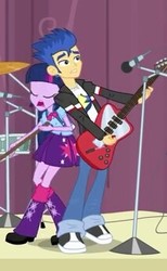 Size: 213x345 | Tagged: safe, screencap, flash sentry, twilight sparkle, equestria girls, g4, my little pony equestria girls, clothes, drums, electric guitar, eyes closed, guitar, jacket, leg warmers, microphone, musical instrument, pants, shoes, skirt, sneakers, socks