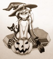 Size: 958x1080 | Tagged: safe, artist:vincher, oc, oc only, oc:vincher, cat, pony, unicorn, broom, cape, casket, clothes, female, hat, jack-o-lantern, mare, monochrome, pumpkin, sitting, socks, solo, striped socks, traditional art, witch hat