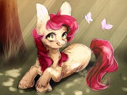 Size: 960x720 | Tagged: safe, artist:vincher, roseluck, butterfly, earth pony, pony, g4, big ears, female, mare, prone, solo, traditional art