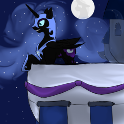 Size: 1500x1500 | Tagged: safe, artist:densunes, nightmare moon, alicorn, pony, g4, balcony, female, grin, mare in the moon, moon, night, smiling, solo, stars