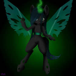 Size: 2000x2000 | Tagged: dead source, safe, artist:blackarachnia58, queen chrysalis, changeling, changeling queen, g4, female, flying, glowing horn, high res, horn, solo