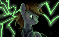 Size: 1600x1000 | Tagged: safe, artist:wourdeluck, oc, oc only, oc:littlepip, pony, unicorn, fallout equestria, abstract background, clothes, fanfic, fanfic art, female, horn, jumpsuit, mare, solo, vault suit