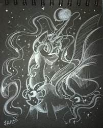 Size: 1024x1267 | Tagged: safe, artist:jamoka-rai-kou, nightmare moon, g4, female, monochrome, moon, solo, traditional art, watermark