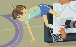 Size: 772x480 | Tagged: safe, screencap, wiz kid, equestria girls, g4, my little pony equestria girls: friendship games, photo finished, basketball net, camera, clothes, eyes closed, hand over face, legs, male, shoes, short, shorts, socks, solo