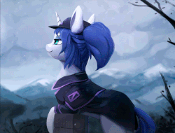 Size: 650x494 | Tagged: safe, artist:rodrigues404, oc, oc only, oc:cassius, pony, unicorn, animated, cinemagraph, clothes, commission, female, gif, hat, looking up, mare, smiling, snow, snowfall, solo