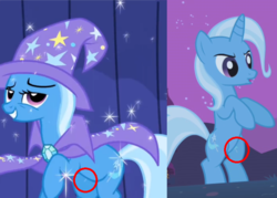Size: 700x500 | Tagged: safe, edit, edited screencap, screencap, trixie, pony, unicorn, boast busters, g4, alternative cutie mark placement, animation error, cape, clothes, female, hat, inner thigh cutie mark, mare, raised hoof, rearing, solo, trixie's cape, trixie's hat