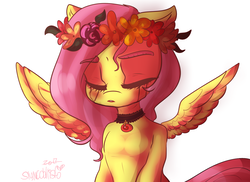 Size: 1828x1332 | Tagged: safe, artist:slynecallisto, fluttershy, g4, choker, chokershy, crying, eyes closed, female, floral head wreath, flower, simple background, solo, spread wings