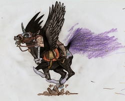 Size: 1926x1547 | Tagged: safe, artist:ciumostwo, nightmare moon, horse, human, g4, bridle, hoers, humans riding ponies, riding, running, saddle, simple background, spread wings, tack, this will end in tears, traditional art