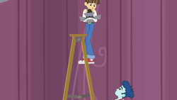 Size: 854x480 | Tagged: safe, screencap, curly winds, some blue guy, wiz kid, equestria girls, g4, chandelier, clothes, ladder, looking down, looking up, pants, shoes, sneakers