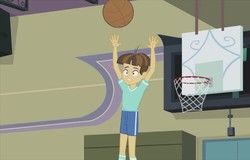 Size: 751x480 | Tagged: safe, screencap, wiz kid, equestria girls, g4, my little pony equestria girls: friendship games, photo finished, basketball, basketball net, clothes, hand's in the air, male, short, shorts, socks, solo