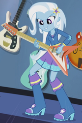 Size: 588x882 | Tagged: safe, screencap, trixie, equestria girls, g4, guitar centered, my little pony equestria girls: rainbow rocks, boots, cropped, electric guitar, female, flying v, guitar, high heel boots, left handed, musical instrument, solo