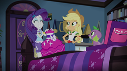 Size: 1280x720 | Tagged: safe, screencap, applejack, rarity, spike, spike the regular dog, dog, equestria girls, g4, my little pony equestria girls: legend of everfree, bed, bedroom, bracelet, camp everfree outfits, fall formal outfits, irrational exuberance, rarity being rarity, smiling, twilight ball dress