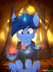 Size: 1500x2016 | Tagged: safe, artist:redchetgreen, oc, oc only, pony, unicorn, clothes, commission, forest, glowing horn, horn, leaf, magic, male, smiling, solo, stallion, sweater, tree branch