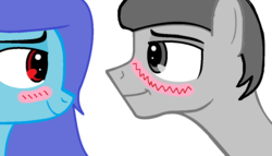 Size: 1083x620 | Tagged: safe, artist:legionhooves, oc, oc only, oc:berry blast, oc:legion hooves, pony, (wip), 1000 hours in ms paint, blushing, cute, female, looking at each other, male, mare, ms paint, shipping, smiling, stallion, straight
