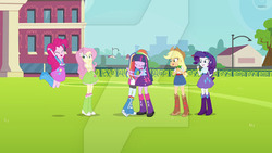 Size: 400x225 | Tagged: safe, screencap, applejack, fluttershy, pinkie pie, rainbow dash, rarity, twilight sparkle, equestria girls, g4, my little pony equestria girls, boots, bracelet, canterlot high, clothes, cowboy boots, cowboy hat, cropped, denim skirt, female, giggling, hat, high heel boots, jewelry, jumping, leg warmers, mane six, picture for breezies, skirt, soccer field, socks, stetson, watermark