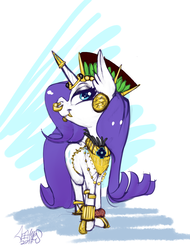 Size: 1969x2591 | Tagged: safe, artist:helloiamyourfriend, rarity, g4, alternate hairstyle, armlet, belt, bracelet, chestplate, colored sketch, crown, ear piercing, earring, fangs, female, gold dust, gold tooth, horn, horn cap, horn ring, horseshoes, inca, jewelry, lip piercing, mascara, necklace, nose piercing, nose ring, piercing, rarity wears human jewelry, regalia, sandals, solo