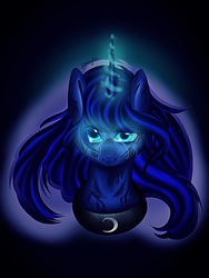 Size: 1536x2048 | Tagged: safe, artist:0bsydia, princess luna, pony, g4, bust, crying, female, frown, glowing horn, horn, looking at you, portrait, scratches, solo