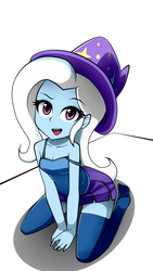Size: 752x1334 | Tagged: safe, artist:nekojackun, trixie, equestria girls, g4, bare shoulders, breasts, cleavage, clothes, cute, diatrixes, female, hat, looking at you, midriff, missing shoes, moe, open mouth, skirt, sleeveless, solo, stockings, tank top, thigh highs, trixie's hat, zettai ryouiki