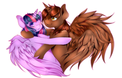 Size: 1675x1080 | Tagged: safe, artist:tiazimossygreen, twilight sparkle, oc, oc:courageous heart, alicorn, pony, g4, alicorn oc, blushing, canon x oc, colored pupils, embrace, female, heart, heart eyes, hug, male, mare, shipping, simple background, stallion, straight, transparent background, twileous, twilight sparkle (alicorn), wing fluff, wingding eyes