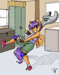 Size: 884x1108 | Tagged: safe, artist:prismspark, scootaloo, anthro, plantigrade anthro, g4, binary brush, carrying, colored, ear fluff, female, indoors, knee pads, leg in air, looking at you, ms paint, one eye closed, shoes, smiling, sneakers, solo, wing fluff, wink, wrench