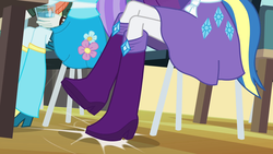 Size: 1920x1080 | Tagged: safe, screencap, aqua blossom, rarity, scott green, equestria girls, g4, boots, boots shot, clothes, cropped, cup, flower, gem, helping twilight win the crown, high heel boots, jewelry, legs, pictures of legs, raised leg, skirt, stomping, tail