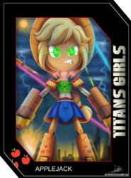 Size: 2025x2737 | Tagged: safe, artist:the-butch-x, part of a set, applejack, robot, equestria girls, g4, angry, appleborg, applebot, card, city, cowboy hat, female, giantess, green eyes, hat, high res, macro, mecha, metal, rain, signature, solo, stetson, titans girls, transformerfied, transformers