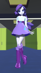 Size: 1080x1920 | Tagged: safe, artist:frede15, rarity, equestria girls, g4, 3d, boots, bracelet, clothes, female, hallway, high heel boots, jewelry, lockers, looking at you, mmd, raised leg, skirt, solo