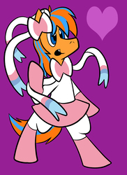 Size: 576x792 | Tagged: safe, artist:pembroke, oc, oc only, oc:cold front, pony, sylveon, bow, clothes, crossdressing, dress, heart, male, pokémon, ribbon, smiling, solo, stallion, standing, stockings, thigh highs