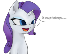 Size: 1046x781 | Tagged: safe, artist:krynnymuffin, rarity, pony, g4, female, food, marshmallow, rarity is a marshmallow, simple background, solo, threat, white background