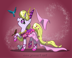 Size: 800x640 | Tagged: safe, artist:joieart, oc, oc only, oc:sweetsong, bird, pony, squirrel, ballet slippers, clothes, disney, dress, hennin, mickey mouse, princess, saddle, solo, tack