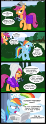 Size: 941x2497 | Tagged: dead source, safe, artist:veggie55, rainbow dash, scootaloo, pegasus, pony, g4, ponyville confidential, angry, bathrobe, camera, clothes, comic, hat, hoof hold, lidded eyes, newspaper, older, older scootaloo, open mouth, robe, saddle bag, speech bubble, thought bubble, towel