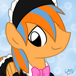 Size: 1280x1280 | Tagged: safe, artist:coaldustthestrange, oc, oc only, oc:cold front, pony, bonnet, bow, clothes, crossdressing, dress, looking at you, maid, male, smiling, solo, stallion