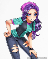 Size: 600x743 | Tagged: safe, artist:racoonsan, starlight glimmer, equestria girls, equestria girls specials, g4, mirror magic, beanie, clothes, cute, female, hat, human coloration, jeans, looking at you, nail polish, pants, ripped jeans, sexy, shirt, simple background, solo, stupid sexy starlight glimmer, vest, watch, white background, wristwatch