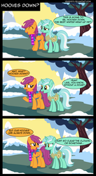 Size: 1434x2618 | Tagged: dead source, safe, artist:veggie55, lyra heartstrings, scootaloo, pegasus, pony, unicorn, g4, winter wrap up, clothes, comic, literal, lyra is not amused, older, older scootaloo, scarf, snow