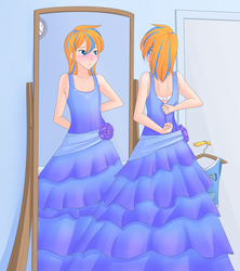 Size: 2663x3000 | Tagged: safe, artist:jonfawkes, oc, oc only, oc:cold front, human, blushing, bow, bra, clock, clothes, crossdressing, door, doorknob, dress, dressing, embarrassed, femboy, frilly dress, high res, humanized, humanized oc, it's a trap, male, mirror, sash, solo, trap, underwear, white underwear, winter wrap up vest, zipper, zipper dress