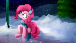 Size: 1920x1080 | Tagged: safe, artist:aurelleah, pinkie pie, earth pony, pony, g4, :p, cheek fluff, chest fluff, clothes, cute, diapinkes, earmuffs, female, fluffy, ice, leg fluff, looking up, mlem, night, raised hoof, scarf, sitting, snow, snowfall, solo, tongue out, tree, winter