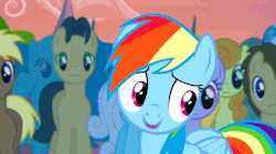 Size: 909x508 | Tagged: safe, screencap, carrot top, doctor whooves, golden harvest, lyra heartstrings, rainbow dash, time turner, pony, g4, trade ya!, animated, cute, dashabetes, gif