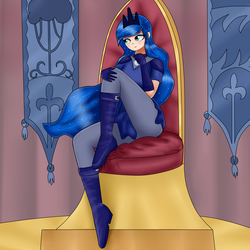 Size: 2000x2000 | Tagged: safe, artist:focusb, princess luna, human, g4, banner, boots, clothes, female, high res, humanized, solo, throne