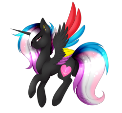 Size: 2165x2000 | Tagged: safe, artist:minelvi, oc, oc only, oc:flaming rainbow, alicorn, pony, alicorn oc, colored wings, ear piercing, earring, eyelashes, female, high res, jewelry, mare, multicolored wings, piercing, rainbow wings, signature, simple background, solo, transparent background, underhoof, wings