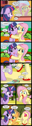 Size: 1189x4555 | Tagged: dead source, safe, artist:veggie55, applejack, fluttershy, twilight sparkle, alicorn, earth pony, parasprite, pegasus, pony, g4, bait and switch, book, bookshelf, comedy, comic, death, floppy ears, high res, not blood, paint, squashed, stain, twilight sparkle (alicorn)