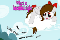 Size: 3000x2010 | Tagged: safe, artist:rsa.fim, oc, oc only, oc:whisper hope, pegasus, pony, bow, cloud, female, high res, mexican, on a cloud, red eyes, ribbon, solo, tail bow, tail wrap, unitárium