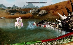 Size: 1920x1200 | Tagged: safe, artist:teylaemmagan, fluttershy, dragon, pegasus, pony, g4, 3d, blood, crossover, female, game mod, mare, mod, skyrim, the elder scrolls