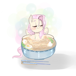 Size: 800x800 | Tagged: safe, artist:zakkurro, fluttershy, pony, g4, bath, bust, chest fluff, chopsticks, cup, cup of pony, enjoying, eyebrows, eyes closed, female, food, hot, micro, noodles, ponies in food, ramen, solo, stray strand