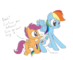 Size: 1200x1000 | Tagged: source needed, safe, alternate version, artist:certificate, artist:datspaniard, rainbow dash, scootaloo, pegasus, pony, g4, desperation, diaper, diaper fetish, duo, duo female, female, implied peeing, implied pissing, mare, need to pee, non-baby in diaper, omorashi, peeing in diaper, pissing, poofy diaper, potty dance, potty emergency, potty time, scrunchy face, simple background, sound effects, trotting, urine, wet diaper, wetting, white background