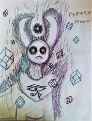 Size: 1899x2494 | Tagged: safe, oc, oc only, oc:xenon, alien, changedling, changeling, g4, to where and back again, all seeing eye, anti spiral, black hole, blue, changedling oc, cubes, magic cubes, purple, traditional art, void, xk-class end-of-the-world scenario