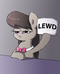 Size: 902x1108 | Tagged: safe, artist:buttersprinkle, edit, editor:aurelleah, octavia melody, earth pony, pony, g4, :c, female, frown, glare, gray background, hoof hold, leaning, lewd, mare, octavia is not amused, rating, score, score cards, simple background, solo, unamused
