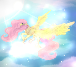 Size: 2500x2200 | Tagged: safe, artist:chiromio, fluttershy, pegasus, pony, g4, cloud, crepuscular rays, female, floppy ears, flying, high res, looking up, profile, raised hoof, sky, solo, spread wings, unshorn fetlocks