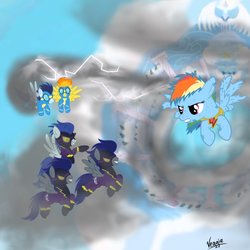 Size: 894x894 | Tagged: dead source, safe, artist:veggie55, descent, nightshade, rainbow dash, soarin', spitfire, pegasus, pony, g4, clothes, cloudsdale, costume, element of loyalty, lightning, shadowbolts, shadowbolts costume, wonderbolts