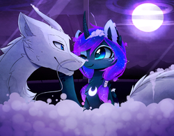 Size: 2480x1939 | Tagged: safe, artist:magnaluna, princess luna, oc, oc:zefiroth, dragon, pony, g4, alternate design, alternate hairstyle, alternate universe, bath, boop, bubble, c:, canon x oc, curved horn, cute, eye contact, fluffy, galaxy mane, horn, lidded eyes, looking at each other, lunabetes, moon, night, noseboop, nuzzling, one eye closed, pigtails, shipping, sitting, smiling